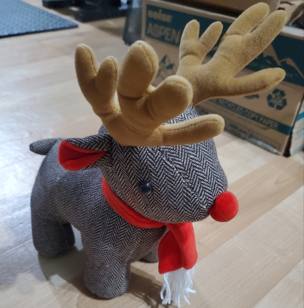 Gray Reindeer Plush with Red Scarf and Gold Antlers